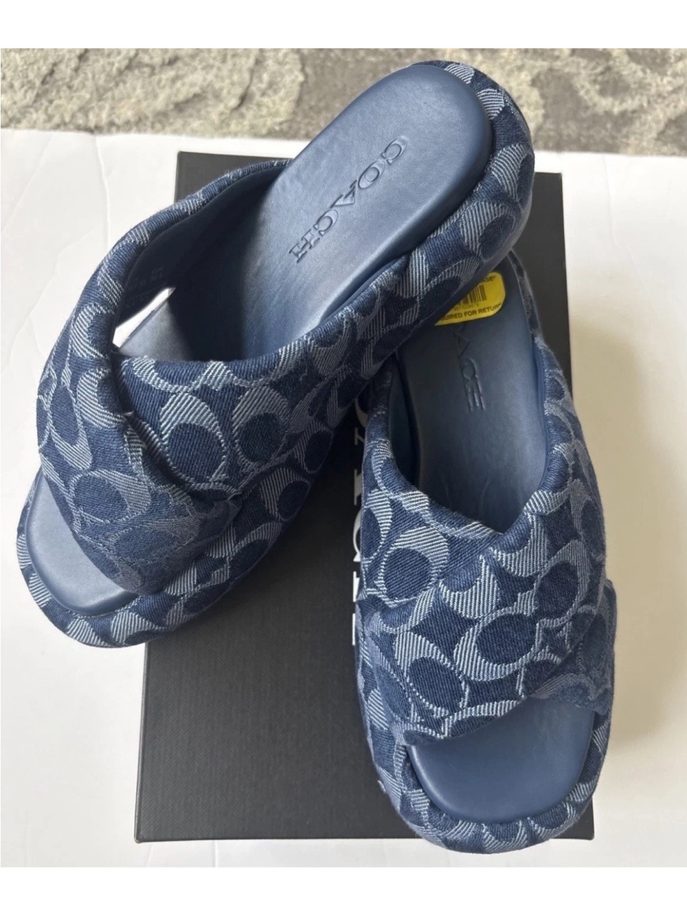 COACH Sculpted C Signature Denim  Logo Platform Slide Sandals Size-6 New